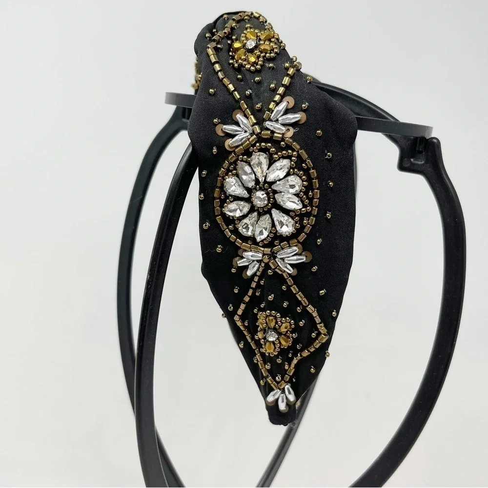 Black Beaded Jeweled Slip On Women’s Headband Adjustable One Size